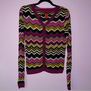Missoni XS Cardigan Purple Green Chevron Woven Knit Ribbed Long Sleeve Button